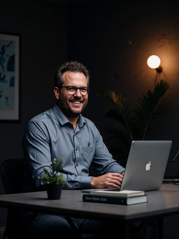 Prof. Nestler sitzt am Computer und lächelt in die Kamera